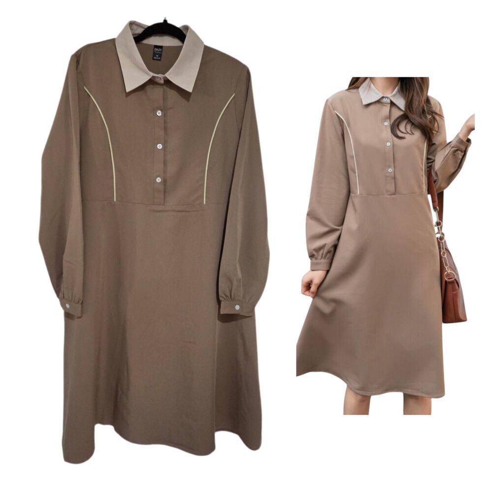 Dazy Tan Beige Contrast Collar Midi Shirt Dress Size L Long‎ Sleeve Rayon Blend